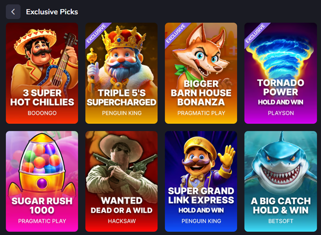 VegaStar Exclusive Picks lobby — 8 hand-picked titles including Triple 5's Supercharged, Bigger Barn House Bonanza, Tornado Power, Sugar Rush 1000.