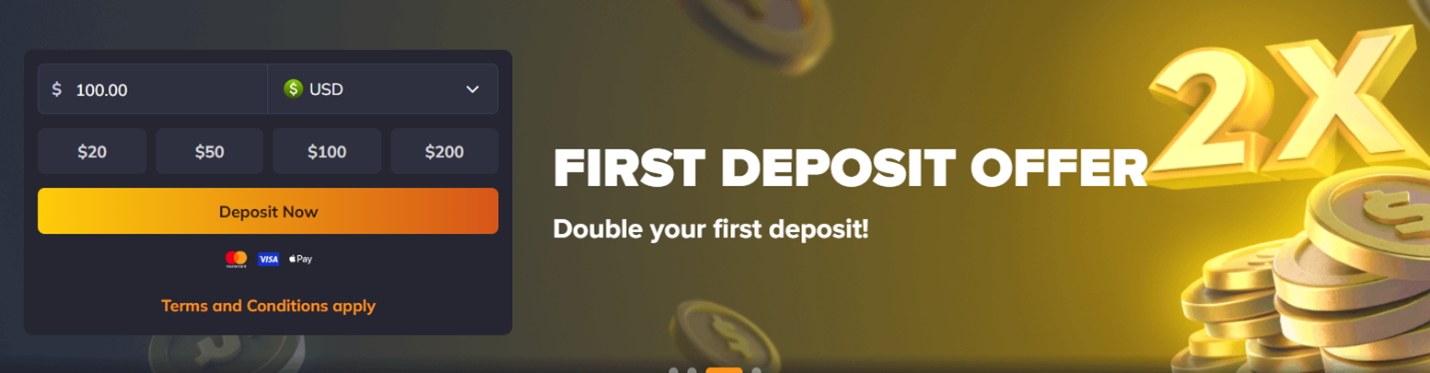 VegaStar First Deposit Offer banner — double your first deposit, 2X match, USD options $20/$50/$100/$200.
