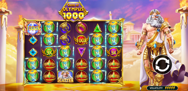 Gates of Olympus 1000 slot base game — 1000x multiplier, 100x and 5x symbols, Scatter trigger.