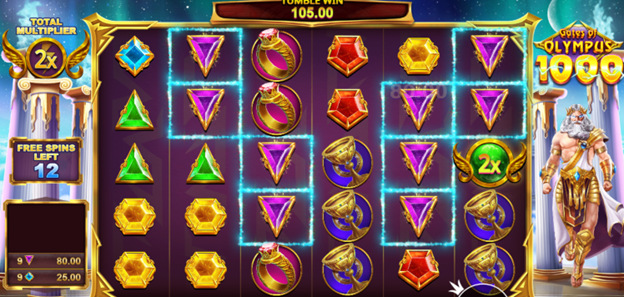 Gates of Olympus 1000 slot in Free Spins mode — 12 spins left, 2x total multiplier, Pragmatic Play.
