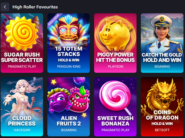 VegaStar High Roller Favourites — Sugar Rush Super Scatter, 15 Totem Stacks, Piggy Power, Catch the Gold, Cloud Princess, Coins of Dragon.