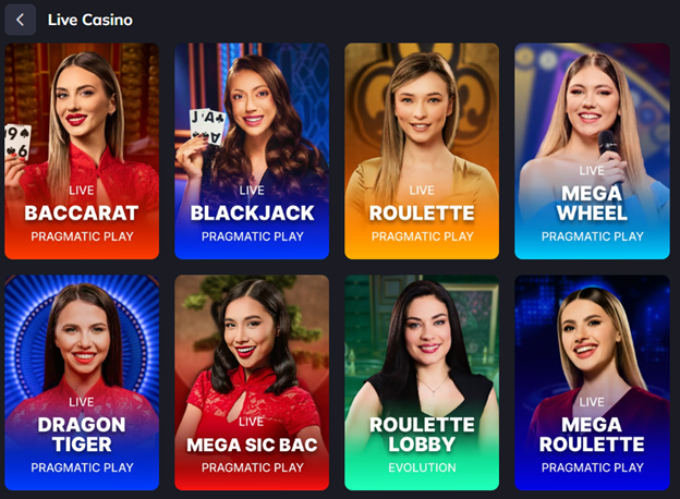 VegaStar Live Casino tables — Live Baccarat, Blackjack, Roulette, Mega Wheel, Dragon Tiger, Mega Sic Bo, Roulette Lobby, Mega Roulette.