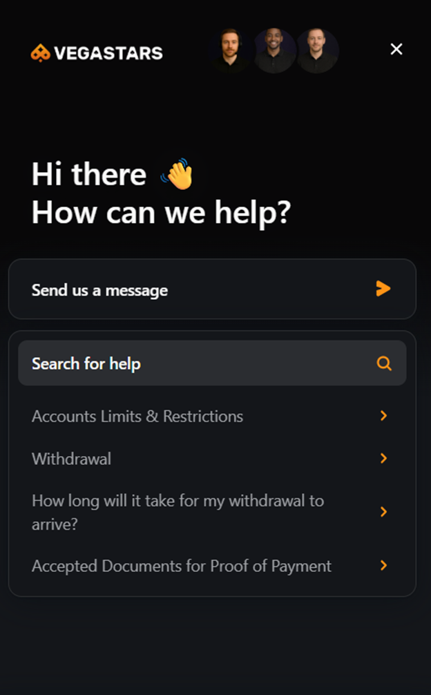 VegaStar Casino 24/7 live chat widget — Accounts, Limits & Restrictions, Withdrawal help, Proof of Payment.