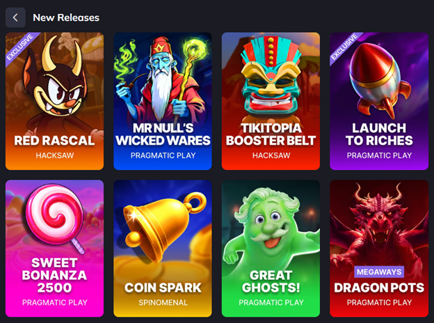 VegaStar New Releases lobby — Red Rascal, Mr Null's Wicked Wares, Tikitopia Booster Belt, Launch to Riches, Sweet Bonanza 2500, Dragon Pots.