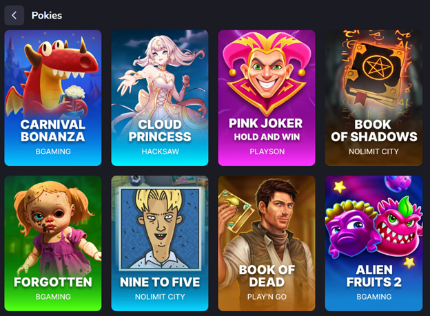 VegaStar Pokies lobby — Carnival Bonanza, Cloud Princess, Pink Joker, Book of Shadows, Book of Dead, Alien Fruits 2.