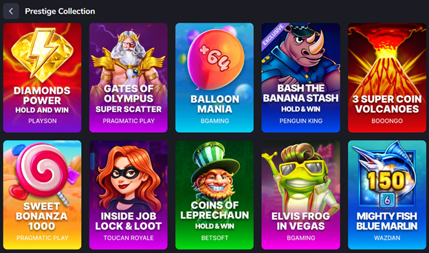 VegaStar Prestige Collection — Diamonds Power, Gates of Olympus Super Scatter, Balloon Mania, Bash the Banana Stash, 3 Super Coin Volcanoes, Sweet Bonanza 1000.